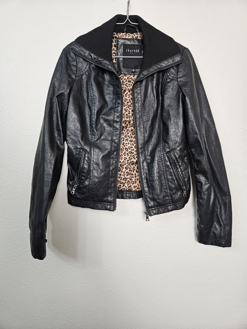 therapy Black Faux Leather Jacket with Leopard Lining Size Medium